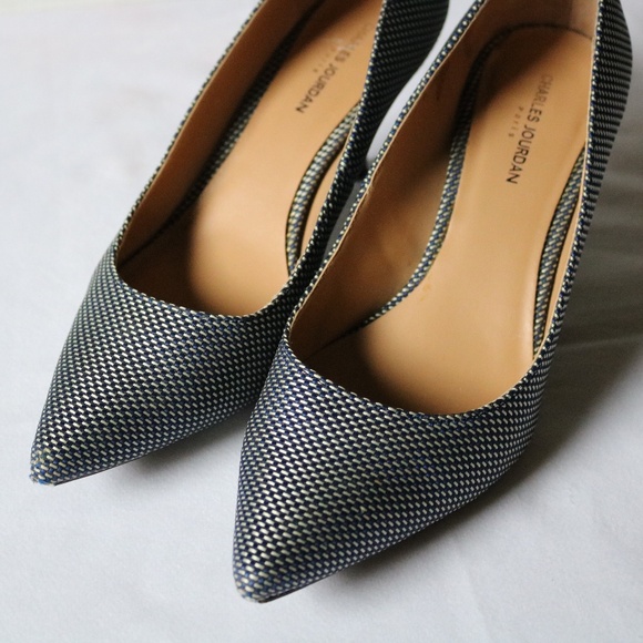 CHARLES JOURDAN 'Teresa' Pointed Toe Pumps 3" Heels Blue Grey Fabric Women's 8 - Picture 5 of 14